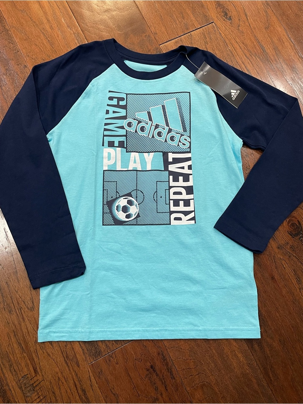 adidas Light Blue & Navy Long-Sleeve Raglan Graphic Tee Soccer